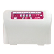 White electronic device with a pink display on a white background