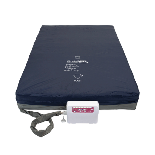 Navy blue air mattress with pump on a white background