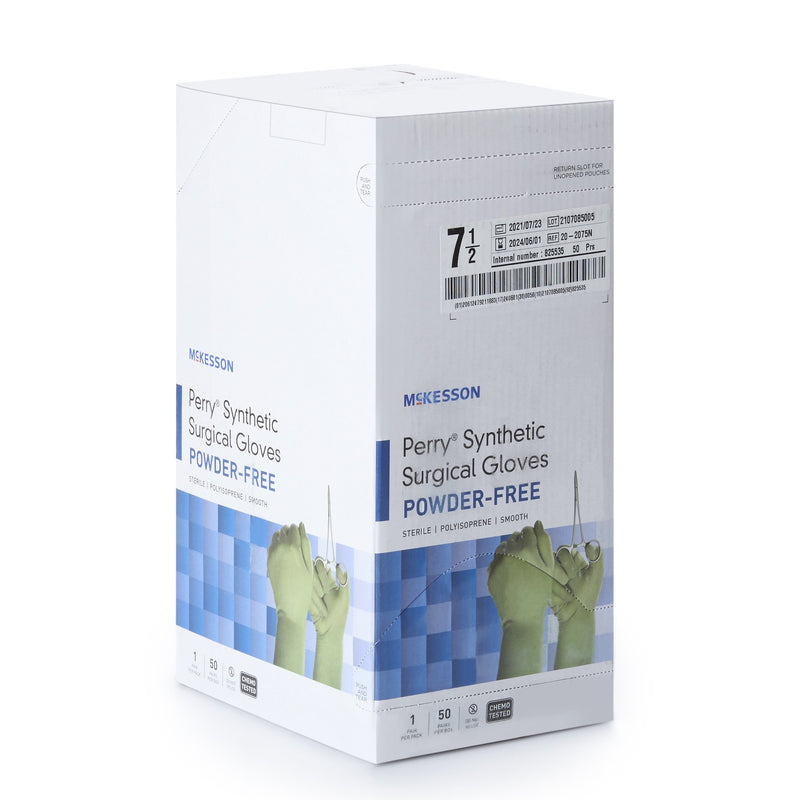 Box of McKesson Perry Synthetic Surgical Gloves on a white background