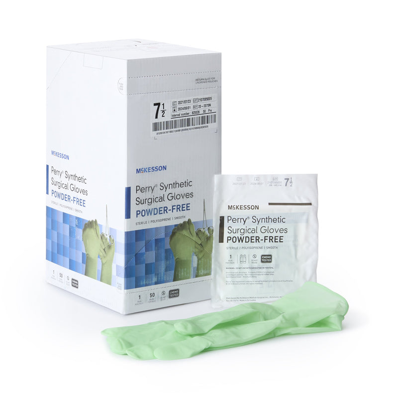 McKesson Perry Synthetic Surgical Gloves packaging with a single glove on a white background