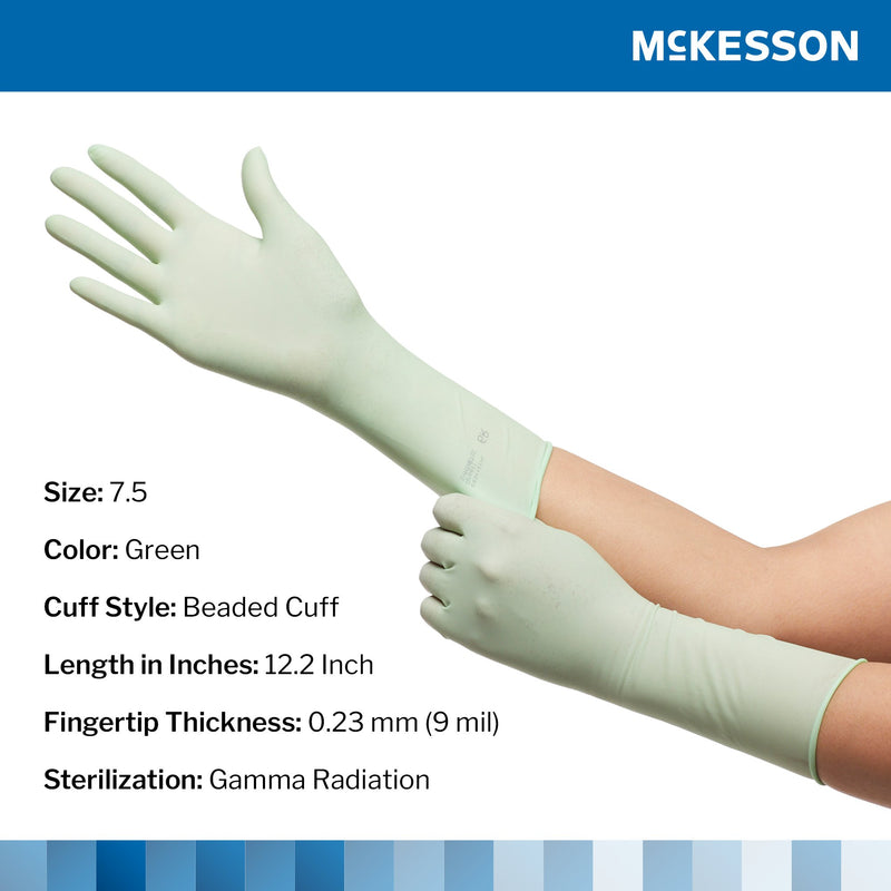 Green medical gloves with McKesson branding on a white background