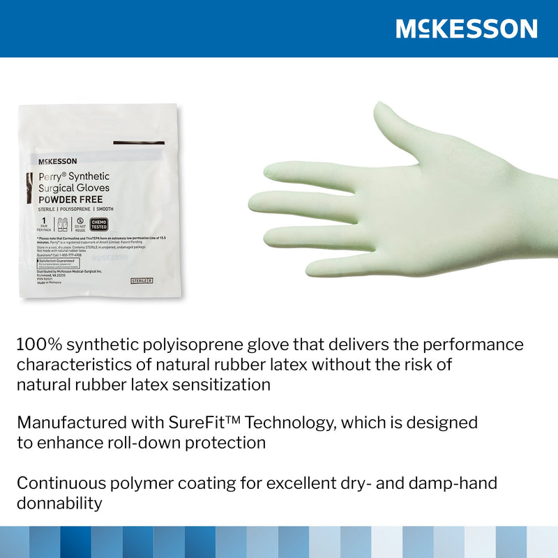 McKesson synthetic surgical glove packaging with a glove displayed on a white background