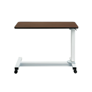 Adjustable overbed table with brown top and white base on a white background