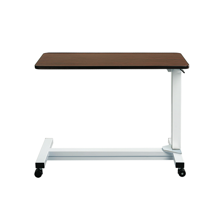 Adjustable overbed table with brown top and white base on a white background