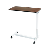 An adjustable overbed table with a dark brown wood-grain top and a white metal frame on casters, shown against a plain white background.