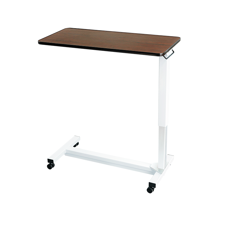 An adjustable overbed table with a dark brown wood-grain top and a white metal frame on casters, shown against a plain white background.