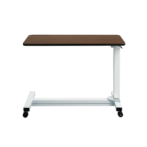 Adjustable overbed table with brown top and white base on a white background