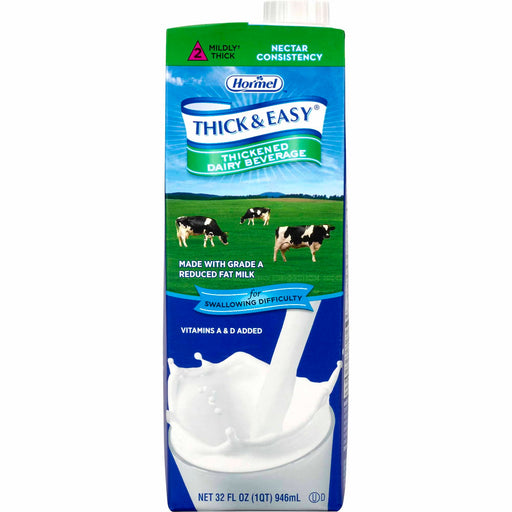 Homel Thick & Easy thickened dairy beverage package with cows in a field on the label.