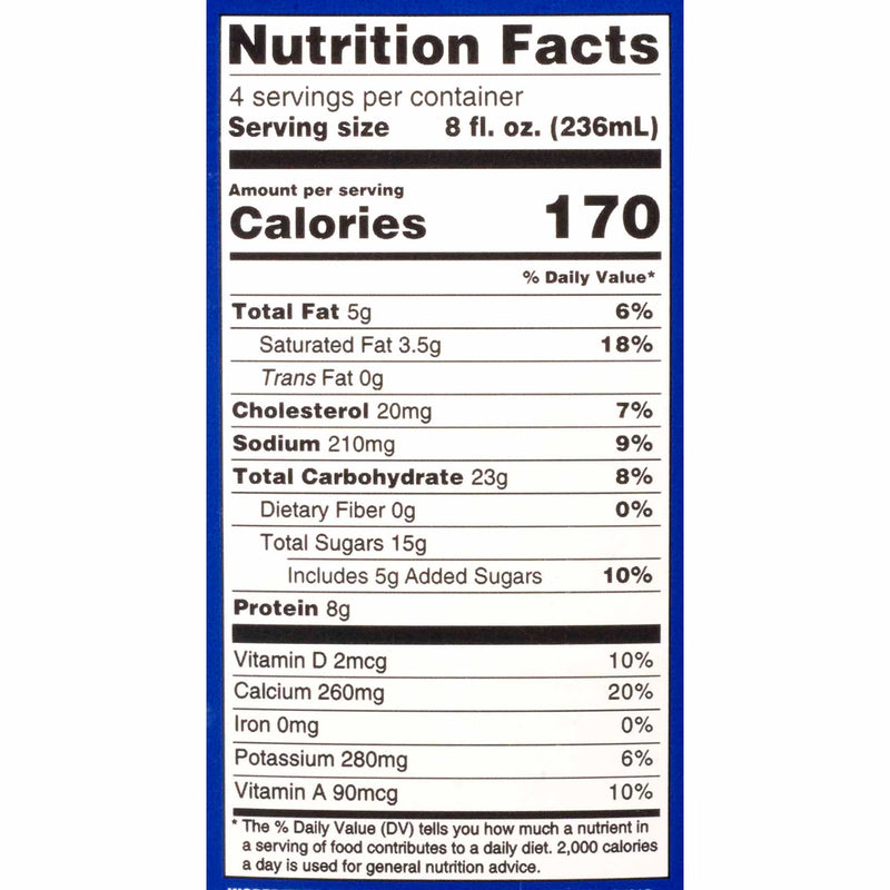 Nutrition facts label for a product with serving size, calories, and detailed nutritional information.