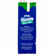 A carton of Hormel Thick & Easy Thickened Dairy Beverage on a plain white background, showing the back of the blue carton with product details and a green top.