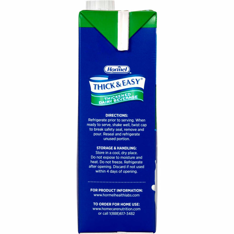 A carton of Hormel Thick & Easy Thickened Dairy Beverage on a plain white background, showing the back of the blue carton with product details and a green top.