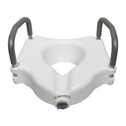 White toilet seat with gray handles on a white background