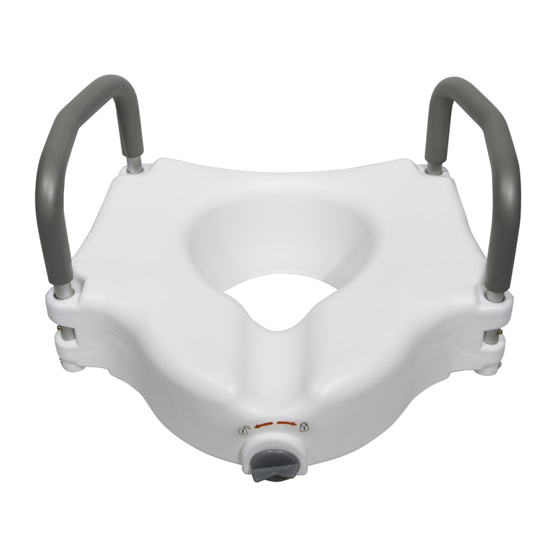 White toilet seat with gray handles on a white background