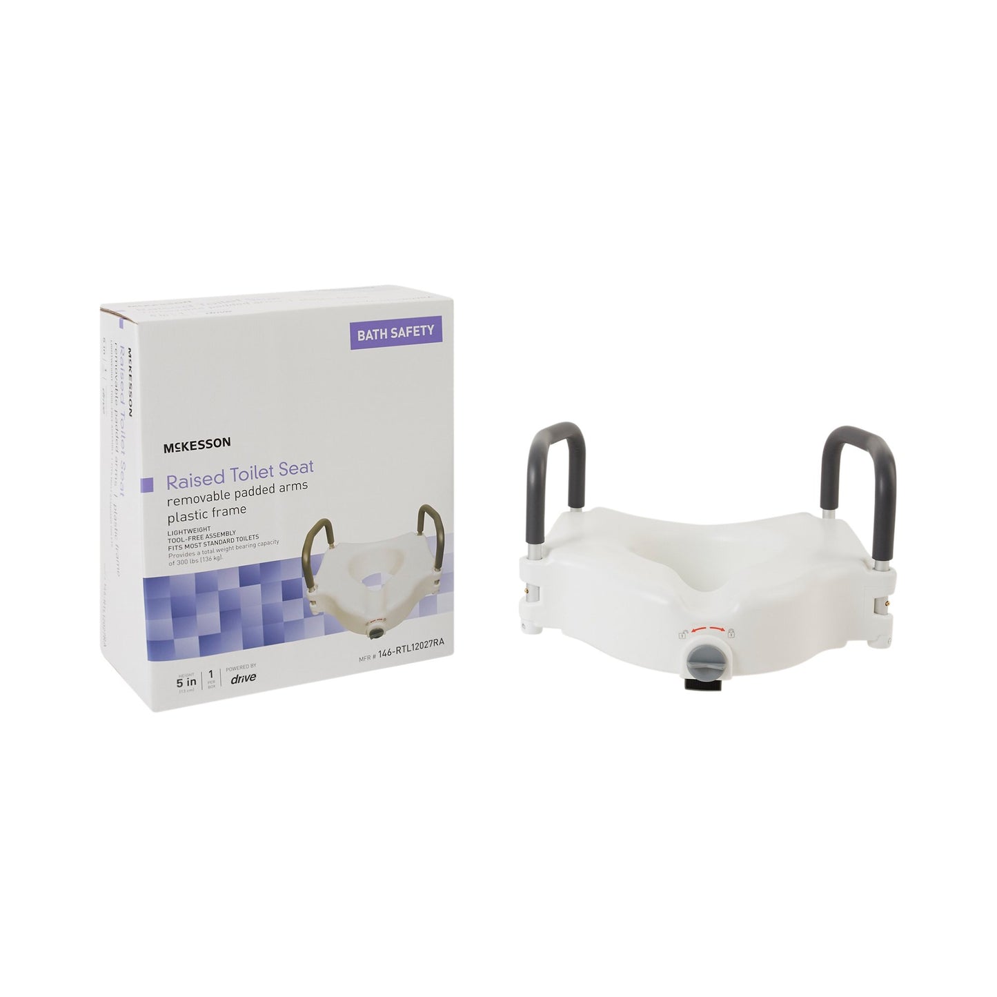 Raised toilet seat with plastic frame and box on a white background
