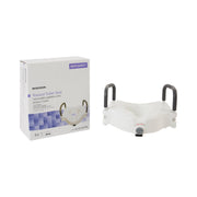 Raised toilet seat with plastic frame and box on a white background