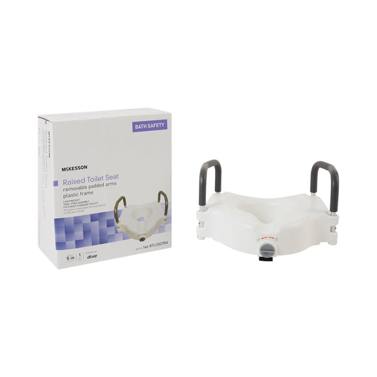Raised toilet seat with plastic frame and box on a white background