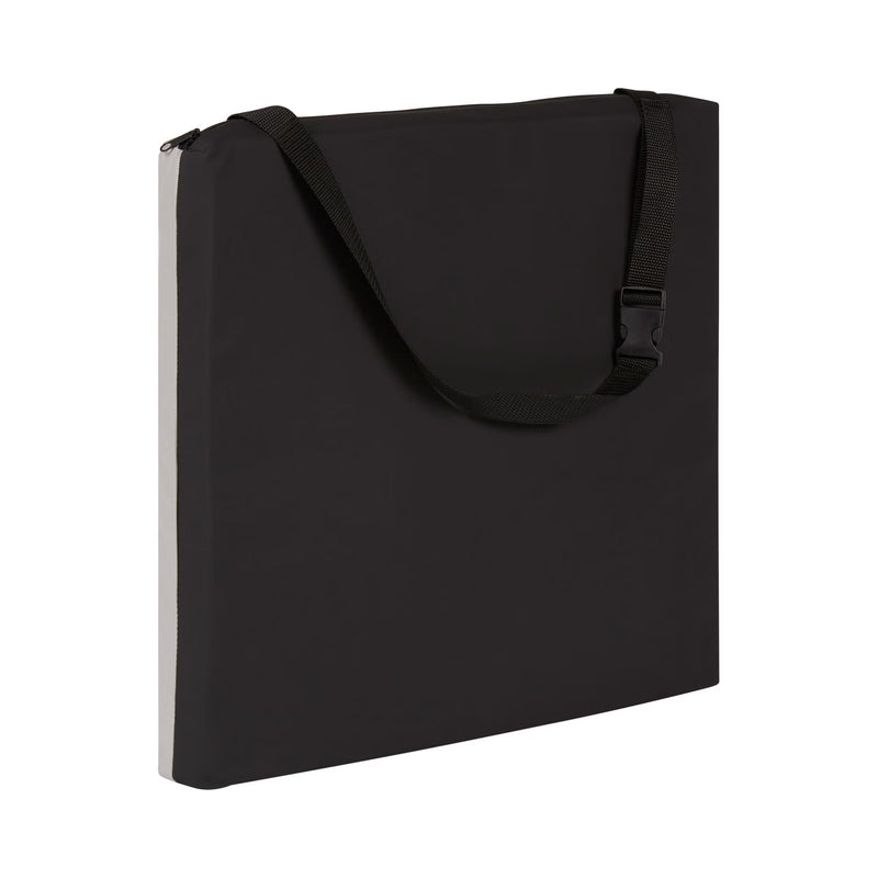 Black cushion with a shoulder strap on a white background