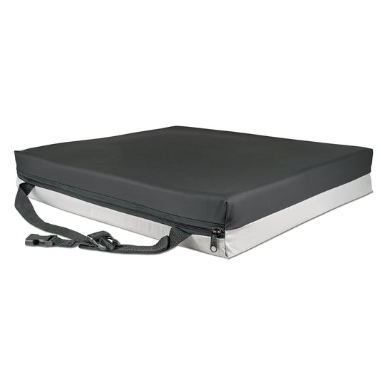 Black cushioned seat cover with straps on a white background