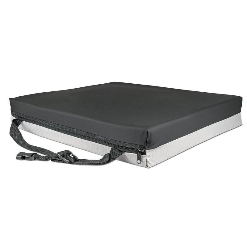 Black cushioned seat cover with straps on a white background