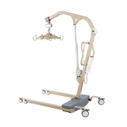 A beige and gray hospital-style mobile patient lift with a hanging sling carrier, shown on a plain white background.