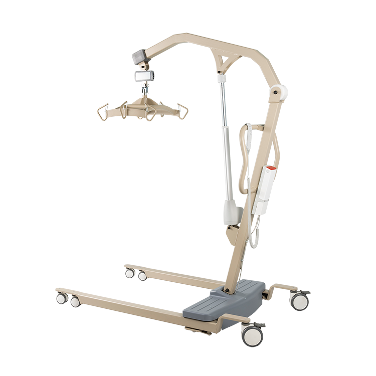 A beige and gray hospital-style mobile patient lift with a hanging sling carrier, shown on a plain white background.