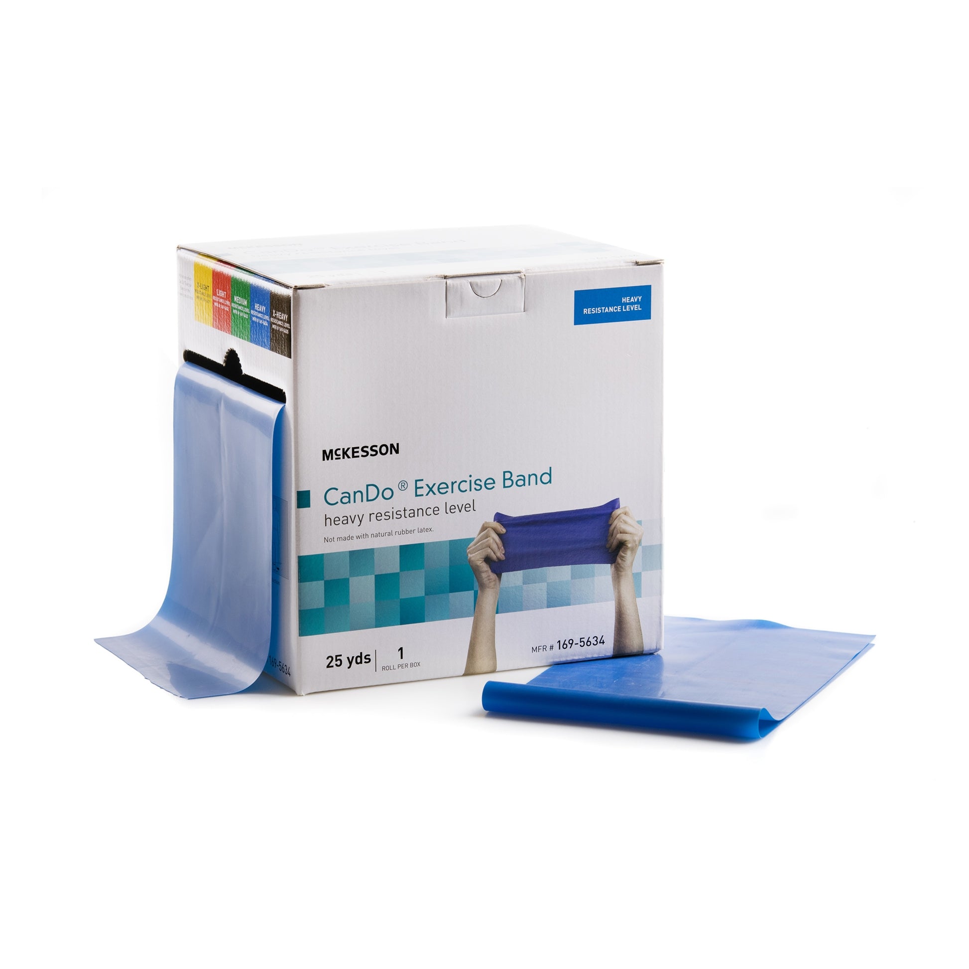 Blue exercise band with McKesson branded packaging on a white background
