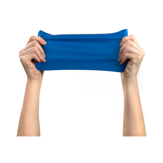 Blue resistance band held by hands on a white background