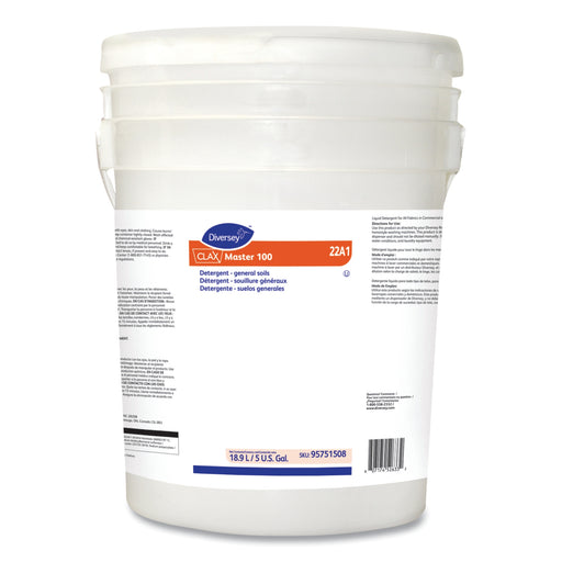 White bucket with Diversey CLAX Master 100 label on a white background