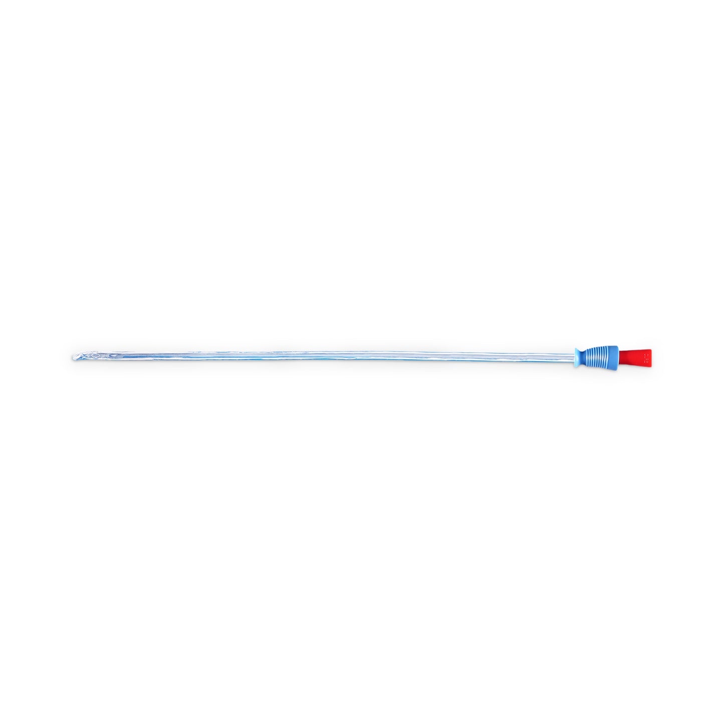 Long thin tube with blue and red ends on a white background