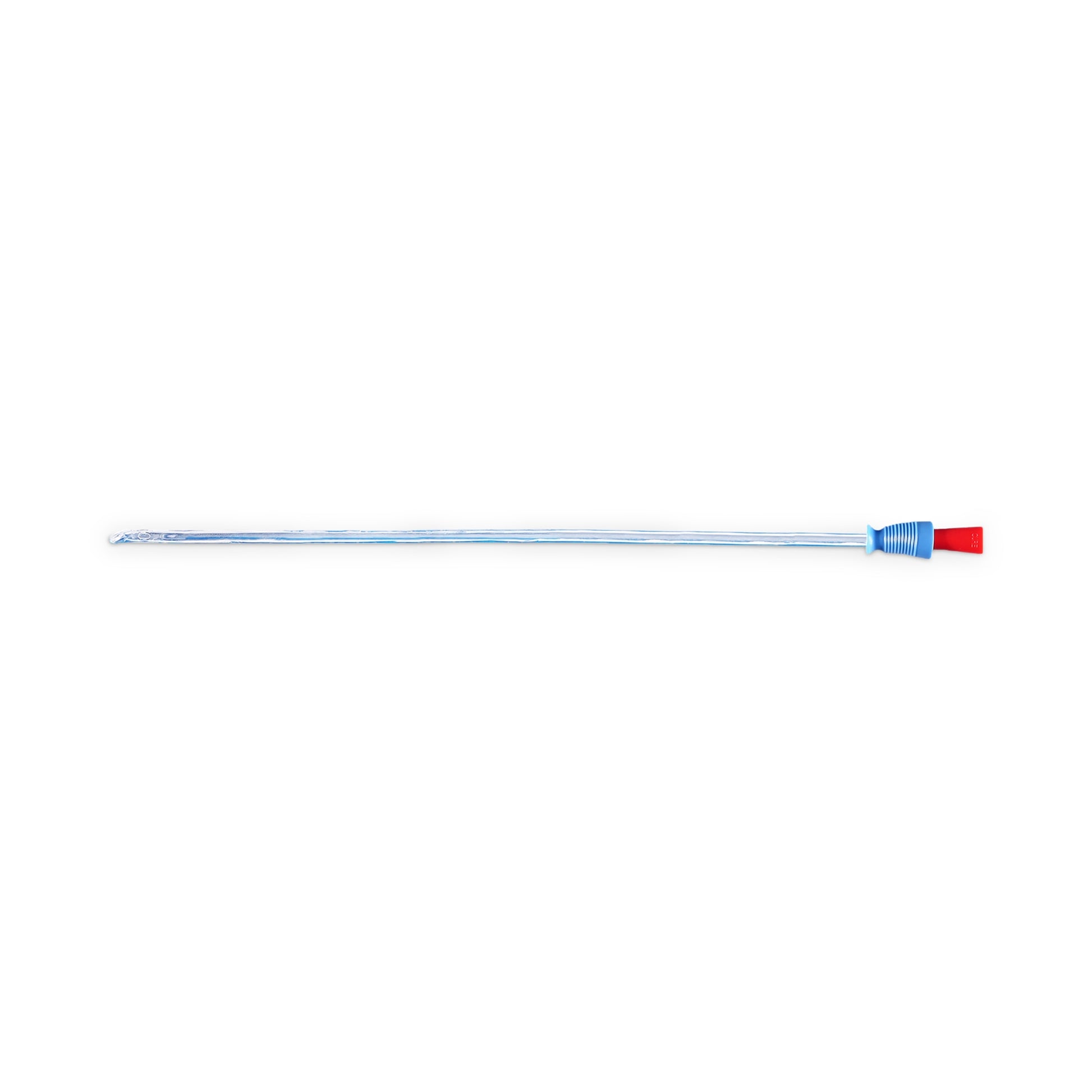 Long thin tube with blue and red ends on a white background