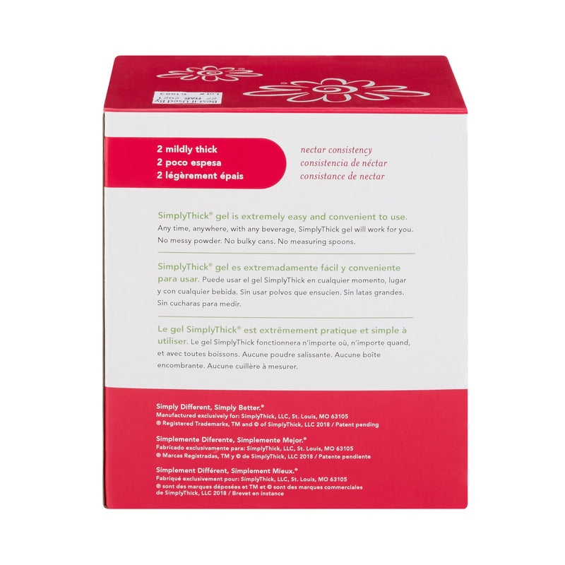 Simply Different Simply Better Nectar Consistency gel packaging box, featuring a white box with a red top and bottom section and multilingual text detailing the product's thick, milky consistency.