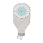 A beige and white Contour Mini incontinence pouch with a circular white collection cap featuring a blue target design, shown against a plain white background.