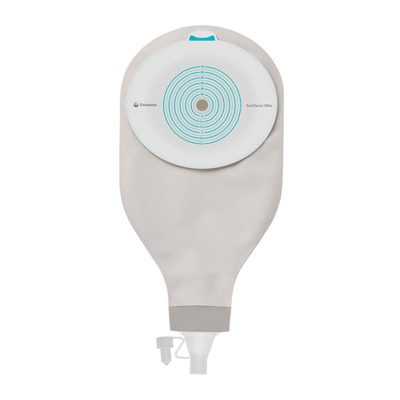 A beige and white Contour Mini incontinence pouch with a circular white collection cap featuring a blue target design, shown against a plain white background.