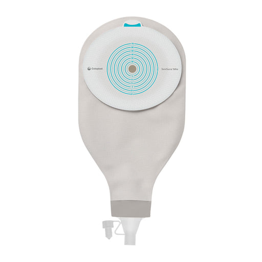 A beige and white Contour Mini incontinence pouch with a circular white collection cap featuring a blue target design, shown against a plain white background.