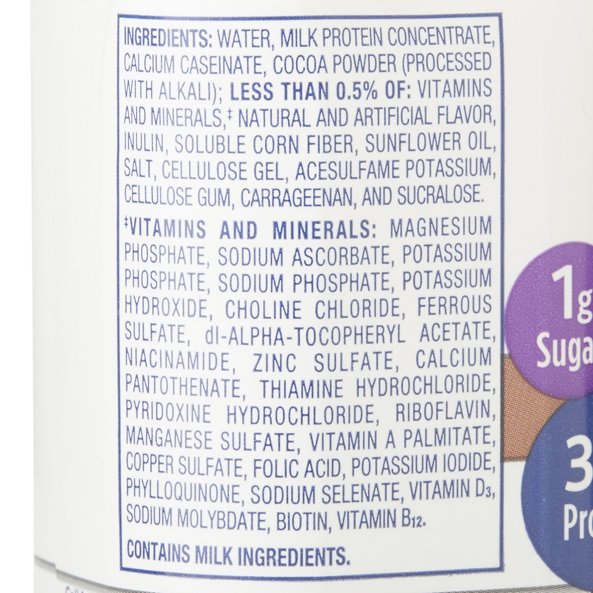 Nutritional label with ingredients and vitamins/minerals listed on a white background