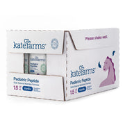 A white cardboard multipack box of Kate Farms Pediatric Peptide Solo-Source Nutrition Formula, Vanilla flavor, with visible single bottles inside and a purple horse illustration on the front.