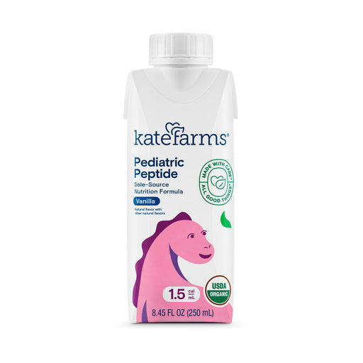 Kate Farms Pediatric Peptide nutrition formula packaging with a pink horse illustration on a white background