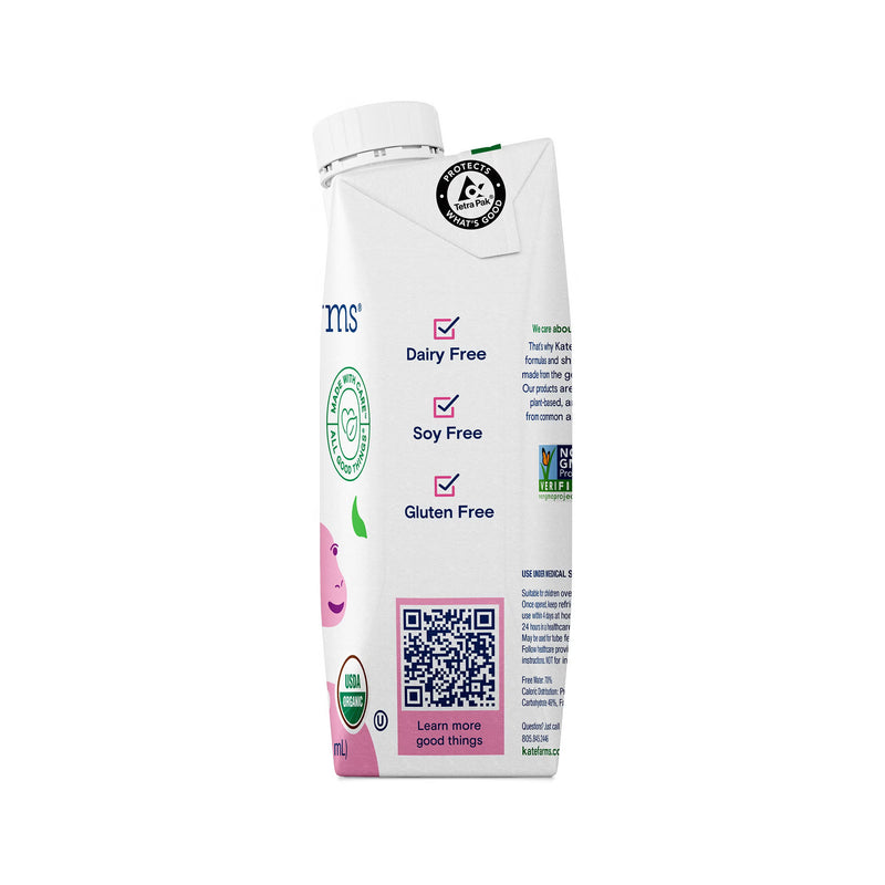 Carton of almond milk with various certification logos on a white background