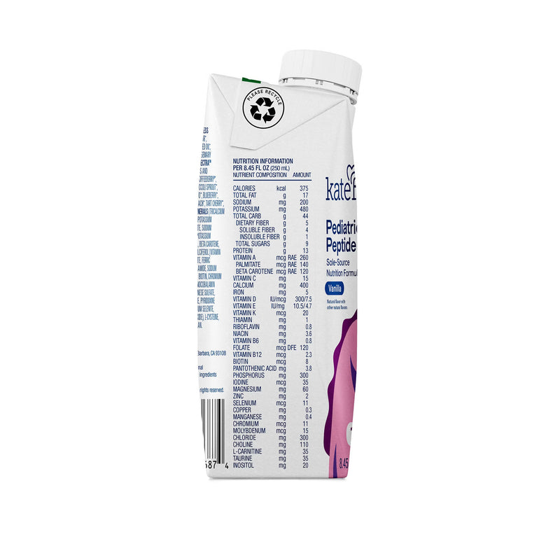 Back view of a Pediatric Peptide supplement packaging with nutritional information on a white background