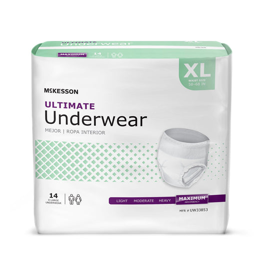 Package of McKesson Ultimate Underwear in XL size on a white background