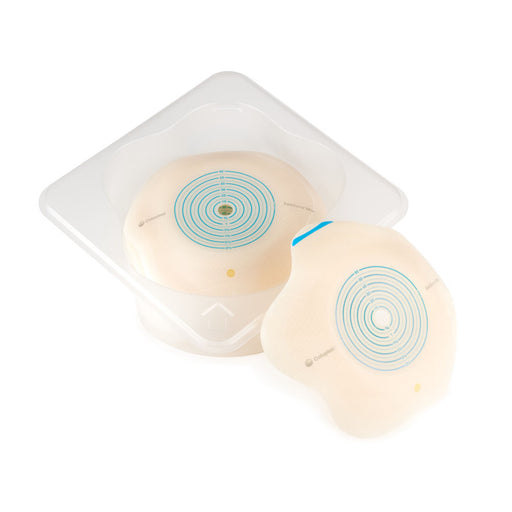 Two ostomy pouches in a clear plastic packaging on a white background