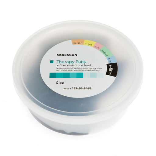 A 4 oz round plastic tub of MSKesson x-firm Therapy Putty, featuring a white label with a color-coded resistance scale, on a clean white background.