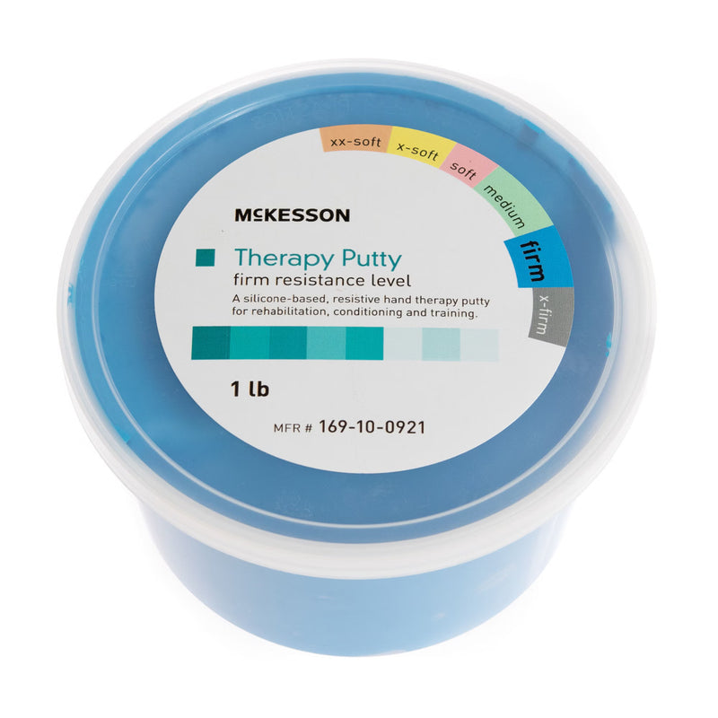 Container of McKesson therapy putty with a label on a white background