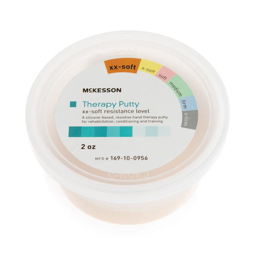 Jar of McKesson therapy putty with resistance level indicator on a white background