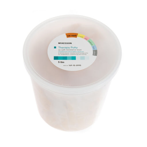Container of McKesson therapy putty with a label on a white background