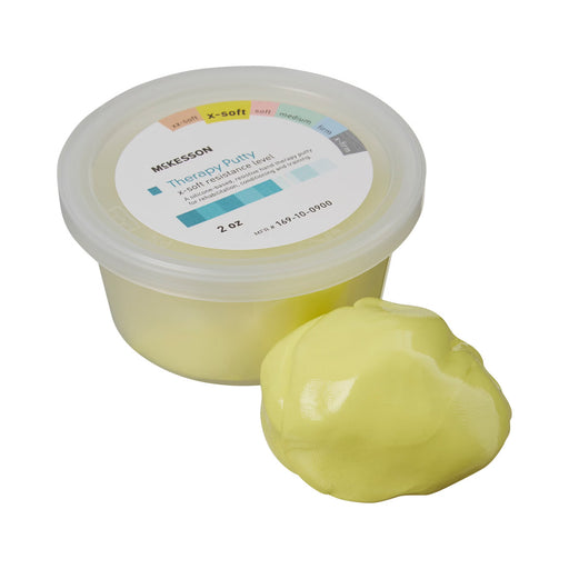 Container of McKesson therapy putty with a small amount on a white background