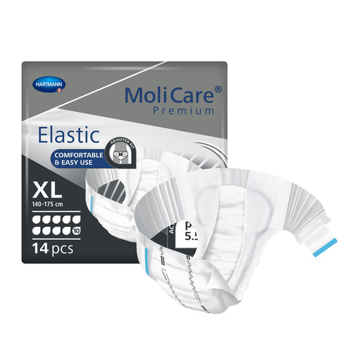 MoliCare Premium Elastic packaging with white elastic bands on a white background
