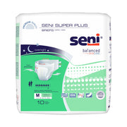 Package of Seni Super Plus briefs with green and white design