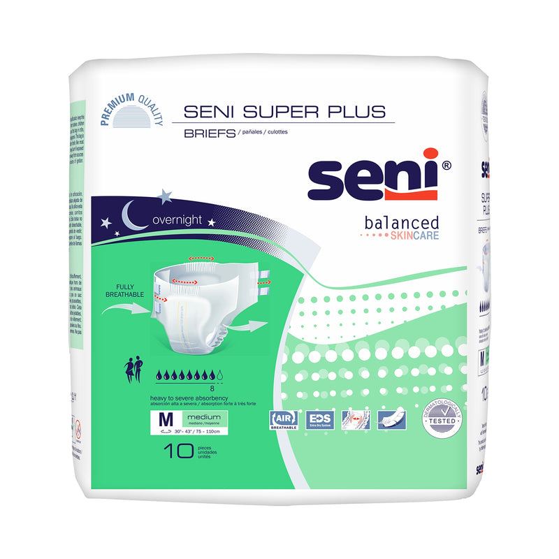 Package of Seni Super Plus briefs with green and white design
