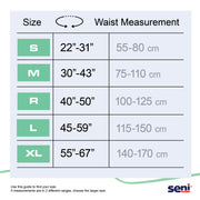 Waist measurement chart for sizing guide with Seni logo